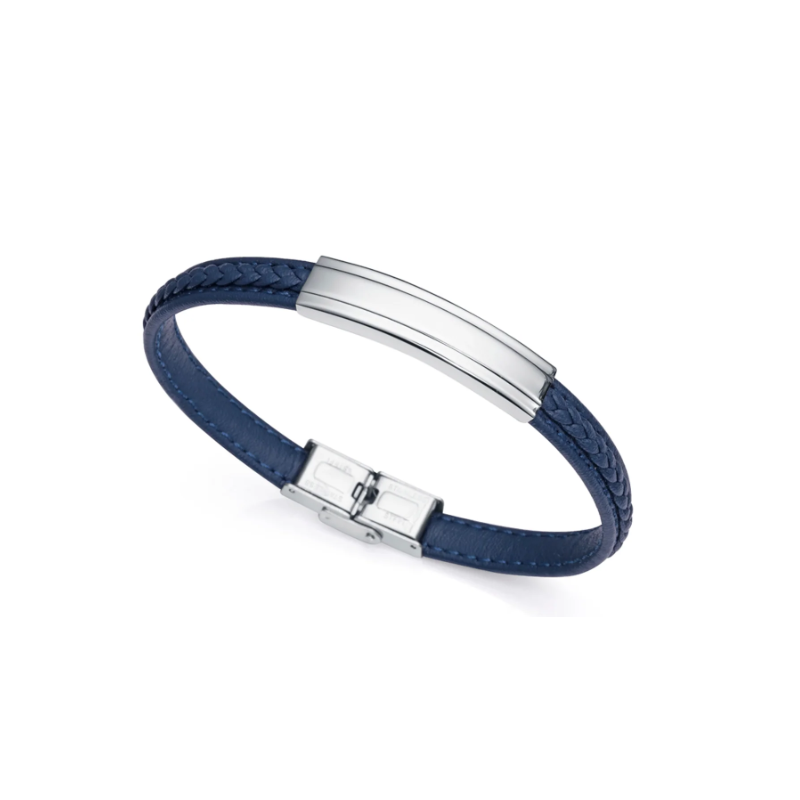 Pulsera de cuero azul marino con acero  inoxidable plateado