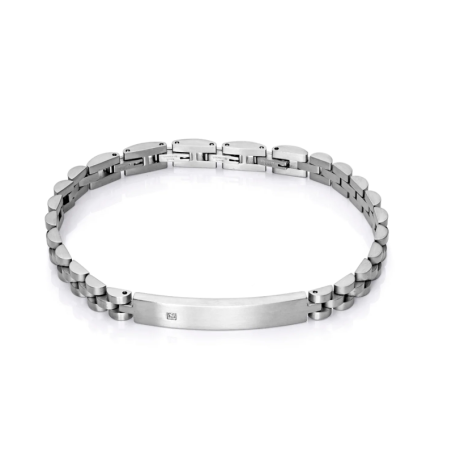 Pulsera de hombre Oro Blanco  de acero brazalete con placa y  diamante de 001 quilates