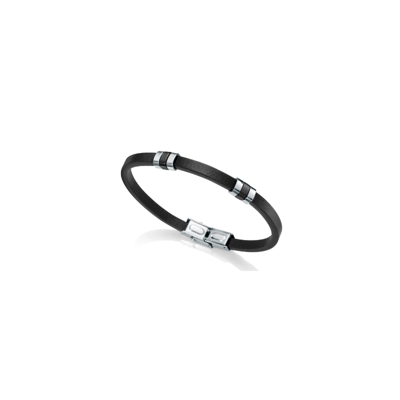 Pulsera de Hombre  Oro Blanco de acero  con Ip negro y piel negra