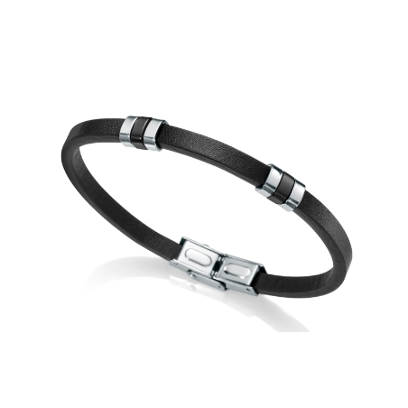 Pulsera de Hombre  Oro Blanco de acero  con Ip negro y piel negra