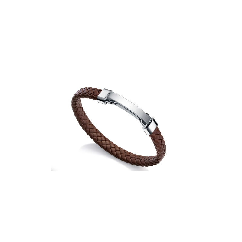 Pulsera de hombre Oro Blanco de  acero y cuero marrón trenzado