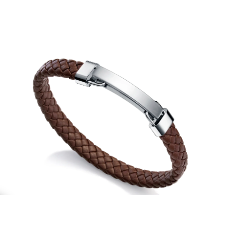 Pulsera de hombre Oro Blanco de  acero y cuero marrón trenzado